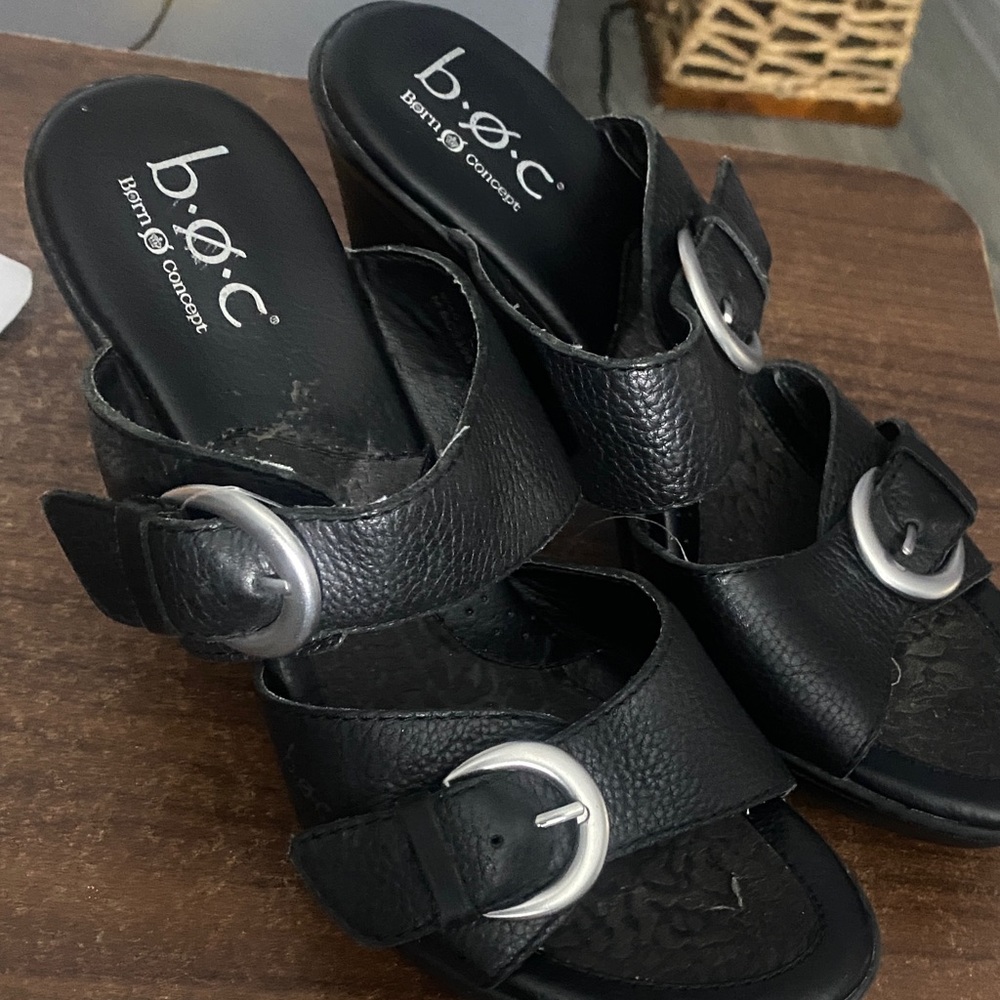 b.o.c. Women's Black Leather Mules with Silver Buckles